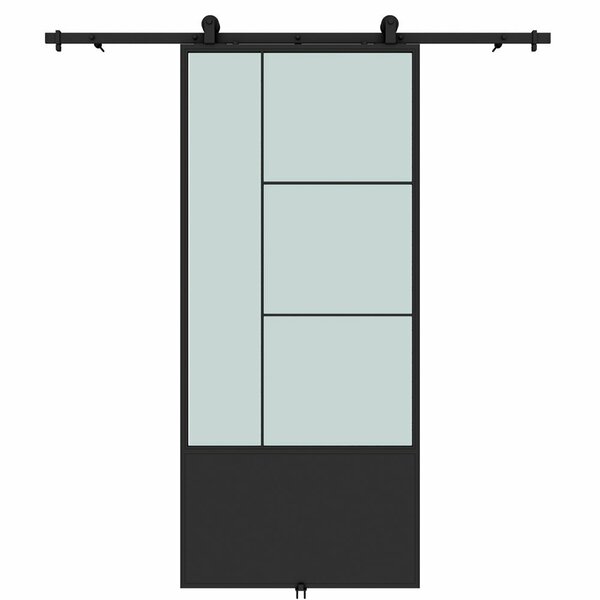 Renin Opera Frosted Glass Metal Barn Door with Installation Hardware Kit 37 in. KMCTOPF-37BL